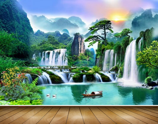 Avikalp MWZ2592 Sun Mountains Waterfalls Flowers River Pond Water Trees Plants Boat Duck HD Wallpaper