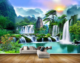 Avikalp MWZ2592 Sun Mountains Waterfalls Flowers River Pond Water Trees Plants Boat Duck HD Wallpaper