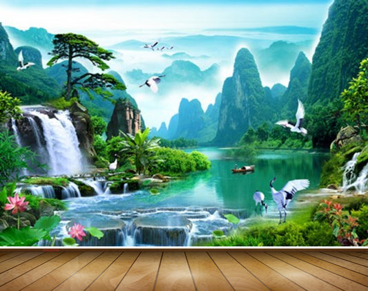 Avikalp MWZ2594 Mountains Waterfalls Pond River Water Birds Flowers Plants Boat Cranes Trees HD Wallpaper