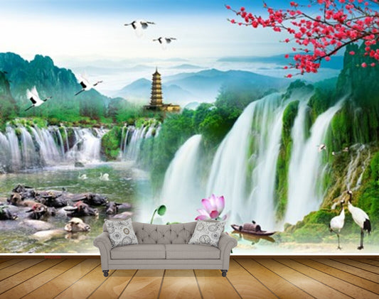 Avikalp MWZ2595 Mountains Birds Waterfalls Lotus Flowers Stones Pond River Water Buffalo Cows HD Wallpaper