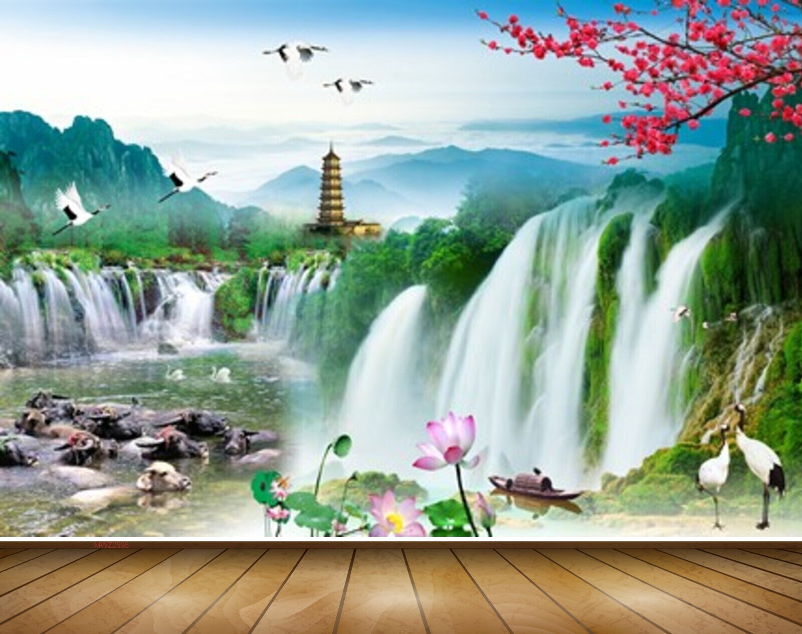 Avikalp MWZ2595 Mountains Birds Waterfalls Lotus Flowers Stones Pond River Water Buffalo Cows HD Wallpaper