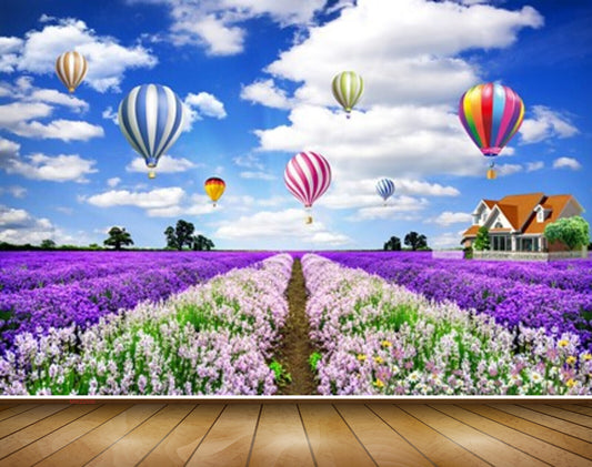 Avikalp MWZ2596 Clouds Air Ballon Purple White Flowers Houses Trees HD Wallpaper