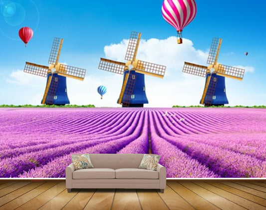 Avikalp MWZ2597 Purple Flowers Plants Air Ballon Windmill Clouds Birds HD Wallpaper