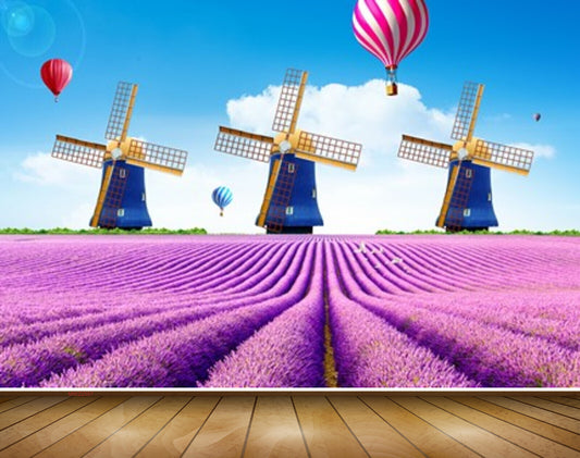 Avikalp MWZ2597 Purple Flowers Plants Air Ballon Windmill Clouds Birds HD Wallpaper