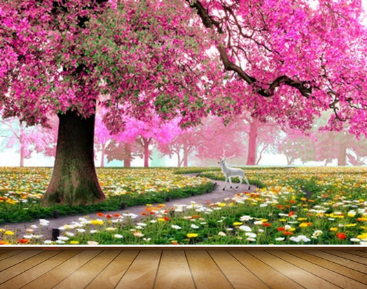 Avikalp MWZ2599 Trees Pink Leaves Plants Flowers White Deer Garden Road HD Wallpaper