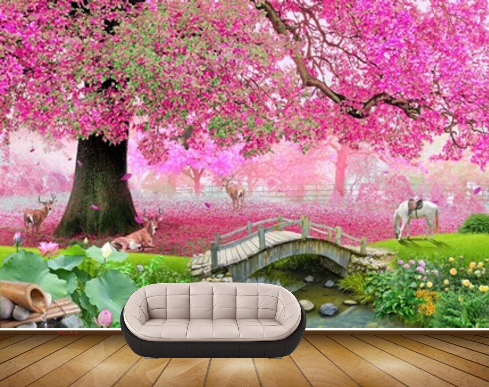 Avikalp MWZ2600 Trees Leaves Pink Flowers Horse Grass Bridge Plants Garden Deers Water River Pond Stones HD Wallpaper