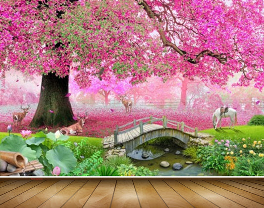 Avikalp MWZ2600 Trees Leaves Pink Flowers Horse Grass Bridge Plants Garden Deers Water River Pond Stones HD Wallpaper