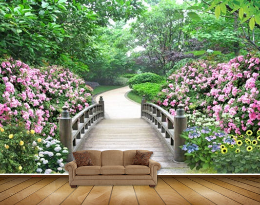 Avikalp MWZ2601 Trees Pink White Purple Yellow Flowers Park Wooden Garden HD Wallpaper