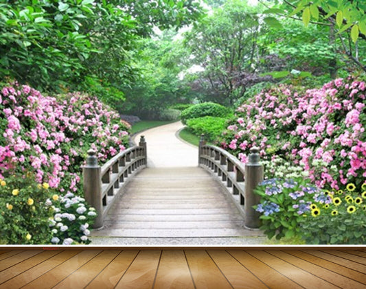 Avikalp MWZ2601 Trees Pink White Purple Yellow Flowers Park Wooden Garden HD Wallpaper