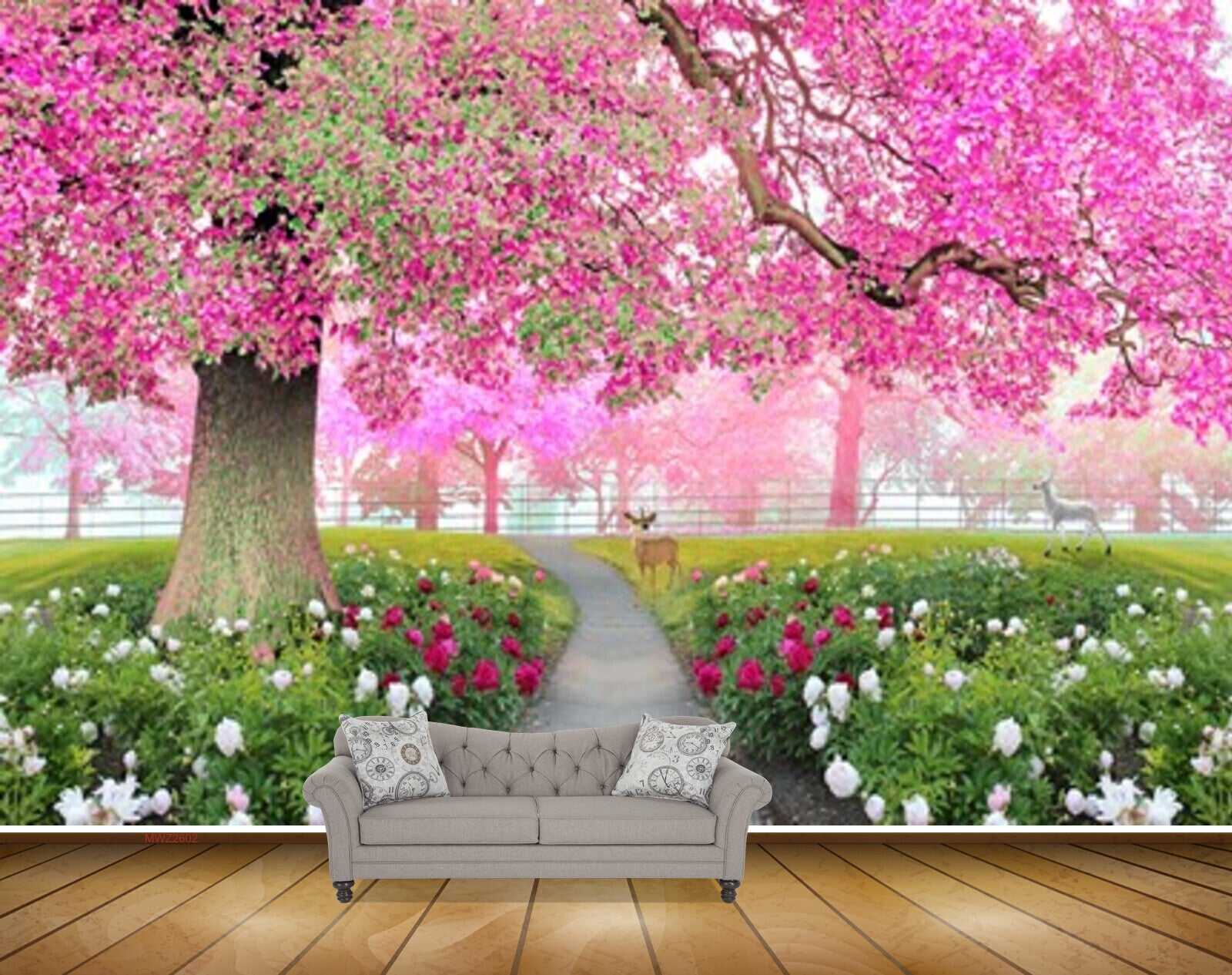 Avikalp MWZ2602 Trees Pink Red White Flowers Plants Park Vellay Garden Deers HD Wallpaper