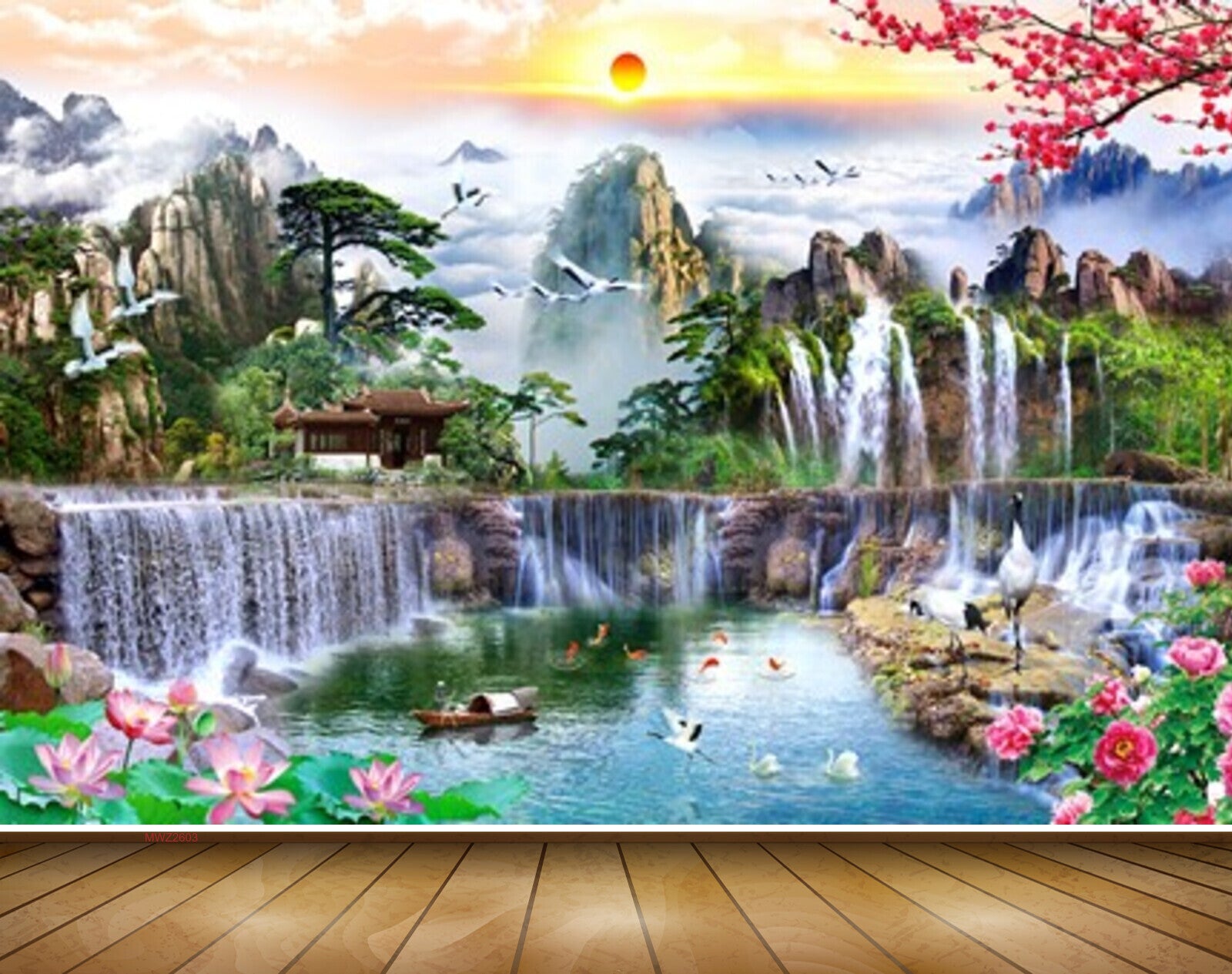 Avikalp MWZ2603 Sun Clouds Mountains Birds Waterfalls  House Flowers Trees Stones Lotus Boat Plants Pond River Water Fishes Duck Cranes HD Wallpaper