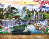 Avikalp MWZ2603 Sun Clouds Mountains Birds Waterfalls  House Flowers Trees Stones Lotus Boat Plants Pond River Water Fishes Duck Cranes HD Wallpaper