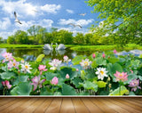 Avikalp MWZ2604 Swans White Pink Lotus Flowers Trees Plants River Lake Water Grass Sun Grass Cranes HD Wallpaper