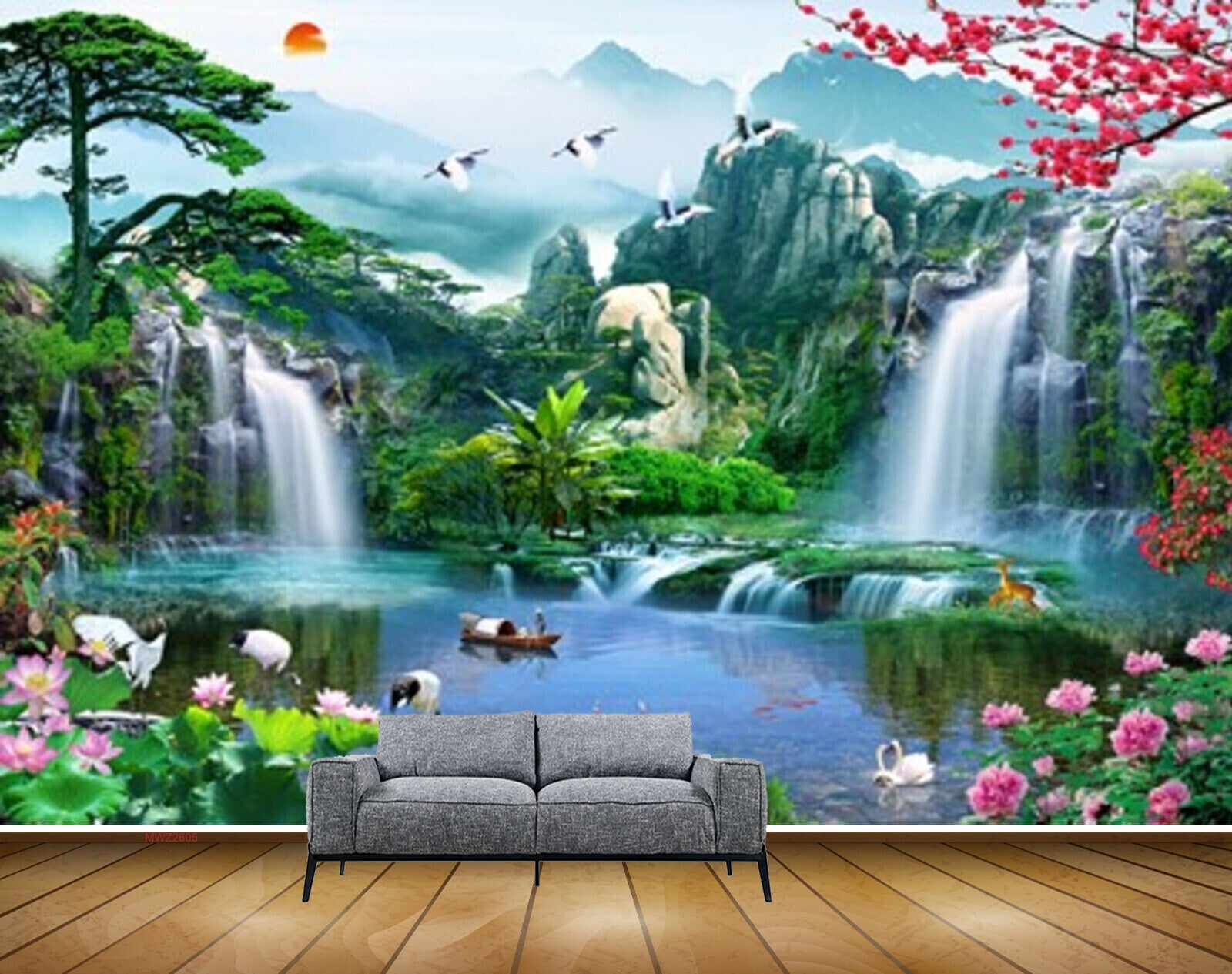 Avikalp MWZ2605 Sun Birds Waterfalls Cranes Flowers Trees Mountains River Pond Deers Duck Cranes Boat Flowers Plants Fishes HD Wallpaper