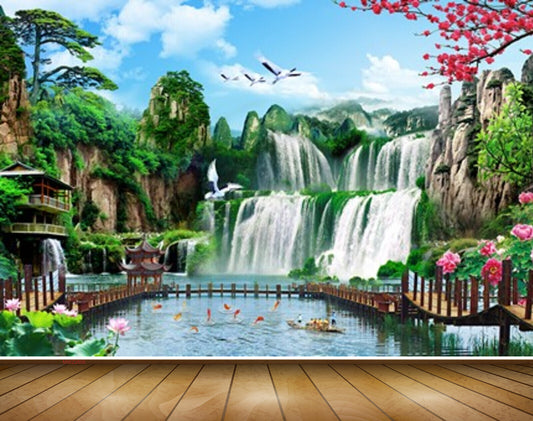 Avikalp MWZ2606 Birds Trees Flowers Waterfalls River Pond Water Mountains Clouds Bridge Boat Fishes HD Wallpaper