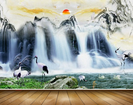 Avikalp MWZ2609 Sun Mountains Cranes Stones Flowers Waterfalls Pond River Water Duck Grass Plants HD Wallpaper