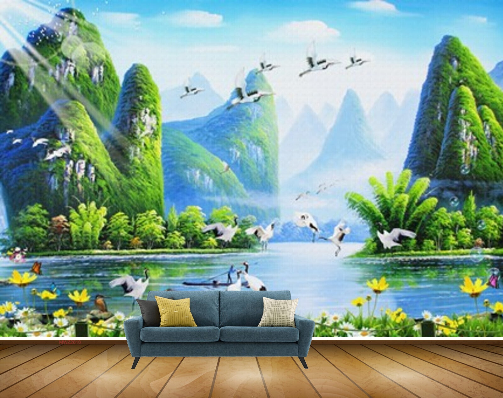 Avikalp MWZ2610 Mountains Birds River Lake Water Trees Cranes Flowers Plants Clouds Butterfly Boat HD Wallpaper