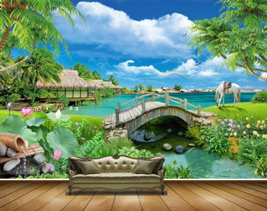 Avikalp MWZ2612 Trees Huts Horse Pink Lotus Flowers River Water Grass Clouds Stones Rainbow HD Wallpaper