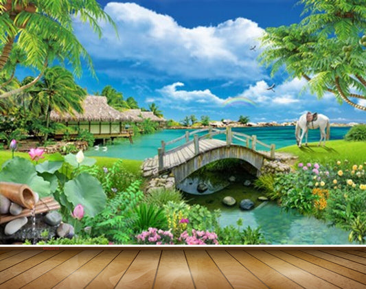 Avikalp MWZ2612 Trees Huts Horse Pink Lotus Flowers River Water Grass Clouds Stones Rainbow HD Wallpaper