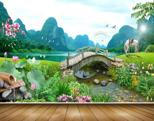 Avikalp MWZ2614 Trees Horse Flowers Rainbow Culvert Bridge Sun Plants Birds Mountains River Pond Water Lake HD Wallpaper