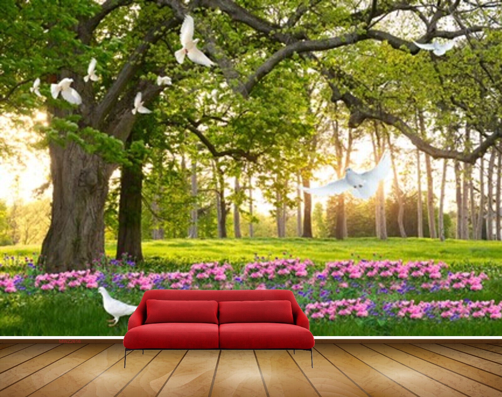 Avikalp MWZ2616 Trees Branches Pink Flowers Birds Grass Garden HD Wallpaper