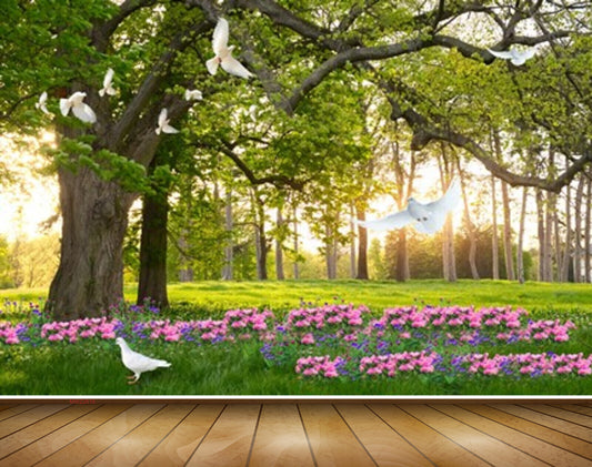 Avikalp MWZ2616 Trees Branches Pink Flowers Birds Grass Garden HD Wallpaper