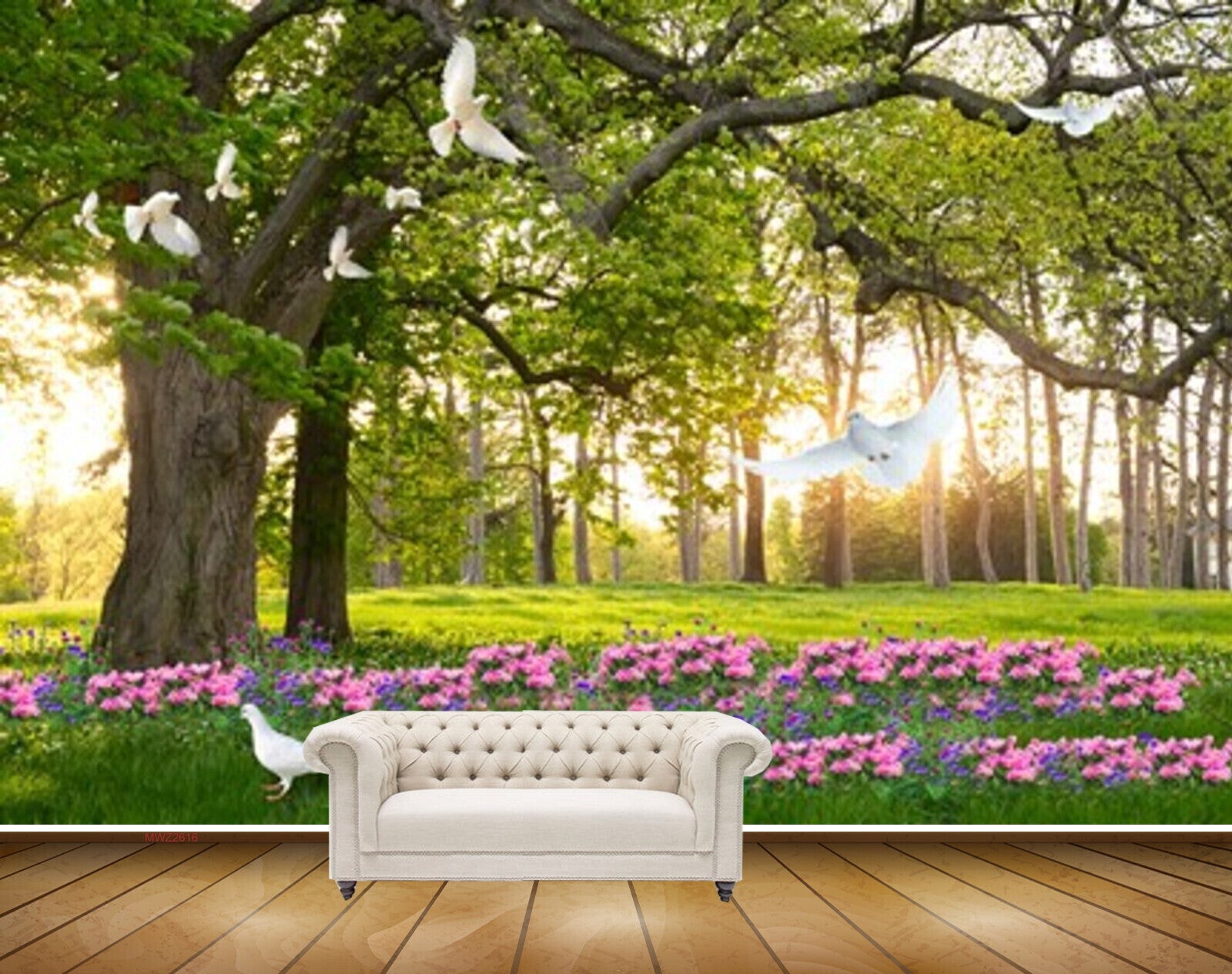 Avikalp MWZ2616 Trees Branches Pink Flowers Birds Grass Garden HD Wallpaper