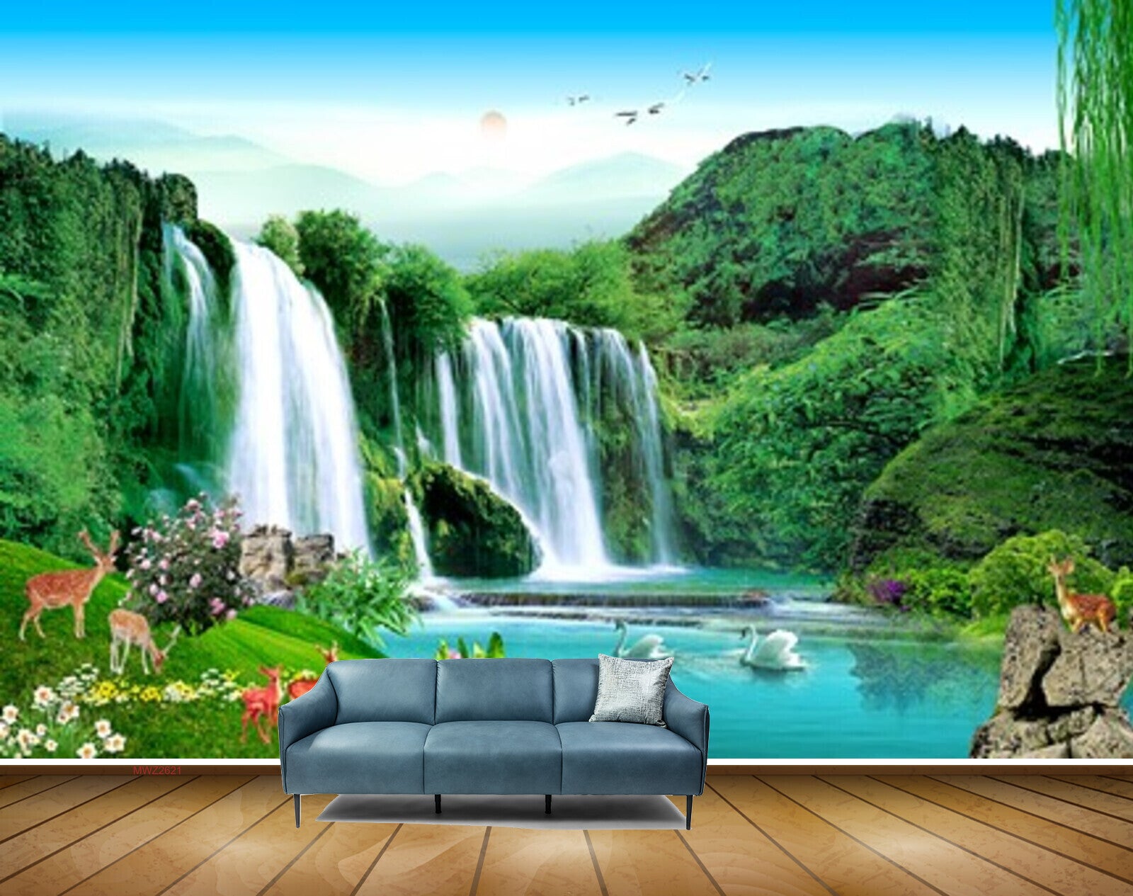 Avikalp MWZ2621 Waterfalls Birds Deers Flowers Sun Clouds Mountains Duck Stones River Pond Lake Grass Plants HD Wallpaper