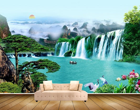 Avikalp MWZ2622 Waterfalls Sun Trees Flowers Mountains Clouds Plants Boats River Pond Water Cranes Birds HD Wallpaper