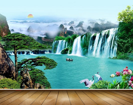 Avikalp MWZ2622 Waterfalls Sun Trees Flowers Mountains Clouds Plants Boats River Pond Water Cranes Birds HD Wallpaper