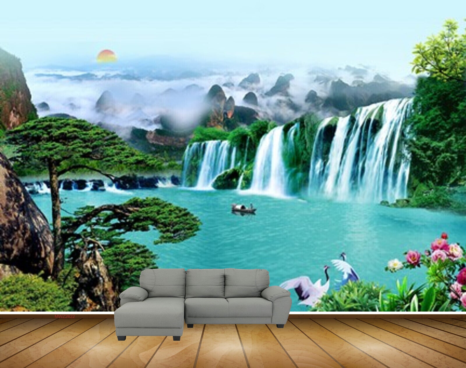 Avikalp MWZ2622 Waterfalls Sun Trees Flowers Mountains Clouds Plants Boats River Pond Water Cranes Birds HD Wallpaper