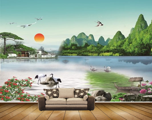 Avikalp MWZ2629 Sun Birds Trees Cranes Houses Mounatins Lake River Pond Water Duck Boats Flowers Stones HD Wallpaper