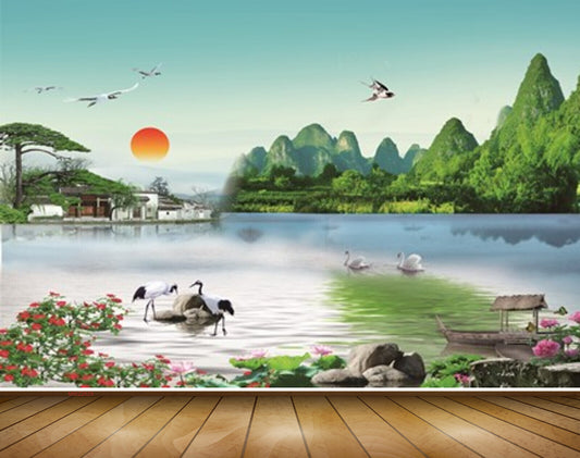 Avikalp MWZ2629 Sun Birds Trees Cranes Houses Mounatins Lake River Pond Water Duck Boats Flowers Stones HD Wallpaper