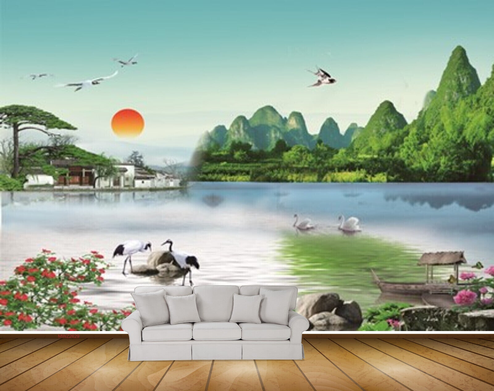 Avikalp MWZ2629 Sun Birds Trees Cranes Houses Mounatins Lake River Pond Water Duck Boats Flowers Stones HD Wallpaper