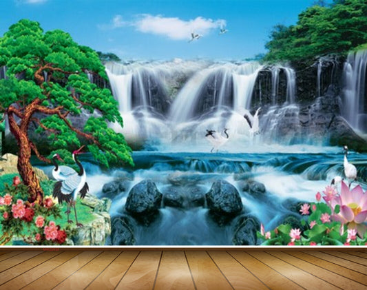 Avikalp MWZ2632 Waterfalls Trees Birds Cranes Flowers Plants Stones Pond River Water HD Wallpaper