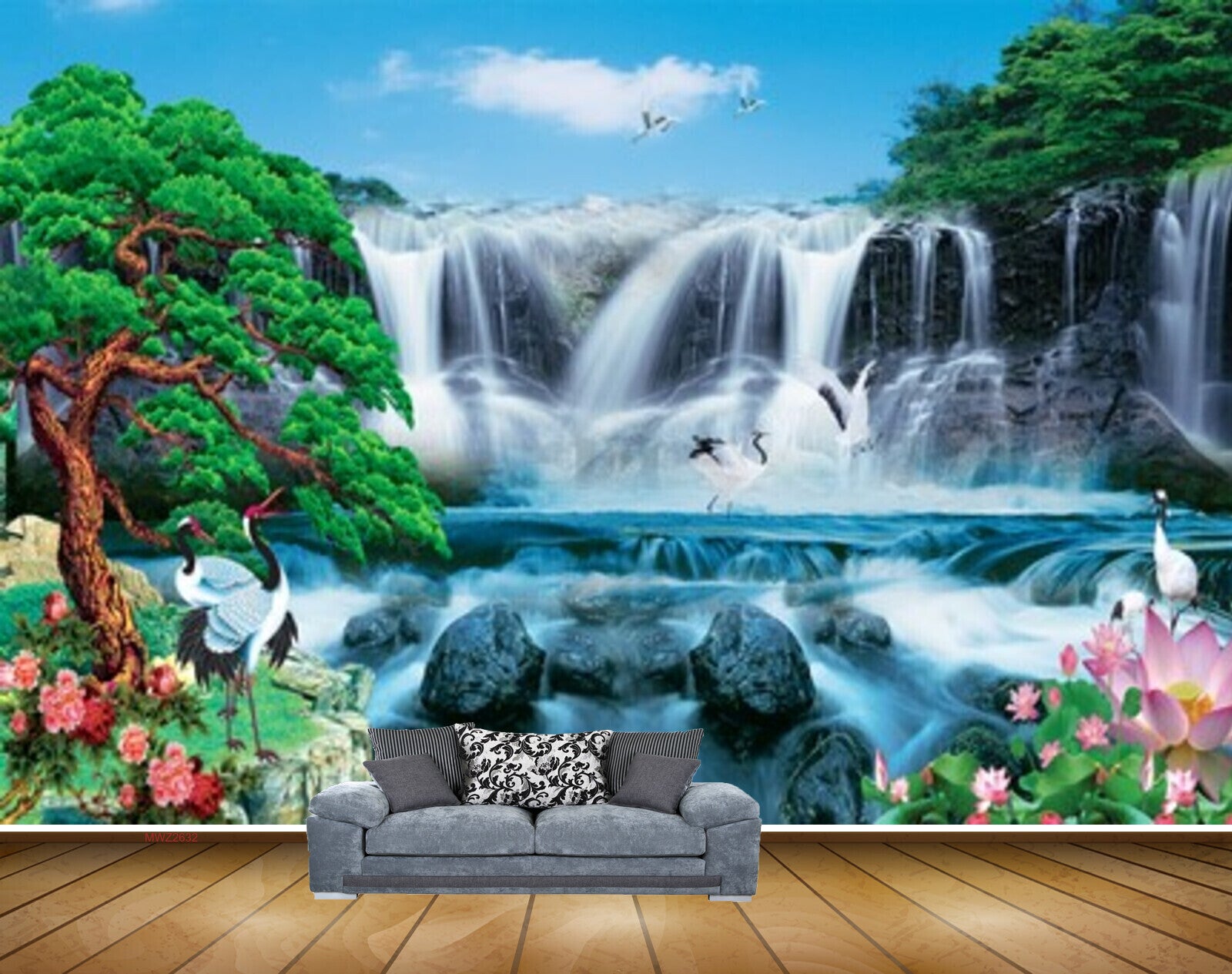 Avikalp MWZ2632 Waterfalls Trees Birds Cranes Flowers Plants Stones Pond River Water HD Wallpaper