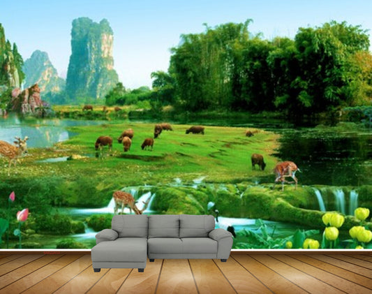 Avikalp MWZ2633 Trees Mountains Animals Cranes Grass Pond River Water Buffalo Deers Flowers HD Wallpaper