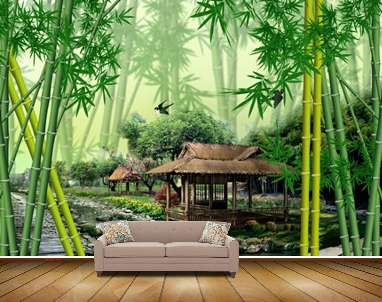Avikalp MWZ2634 Bamboo Trees Hut Birds River Pond Water Leaves HD Wall –  Avikalp International - 3D Wallpapers