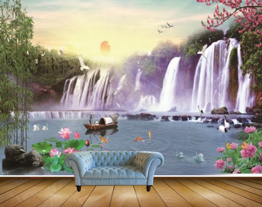 Avikalp MWZ2635 Waterfalls Sun Pink Flowers Boat Fishes Plants Stones Trees River Pond Water Ducks HD Wallpaper