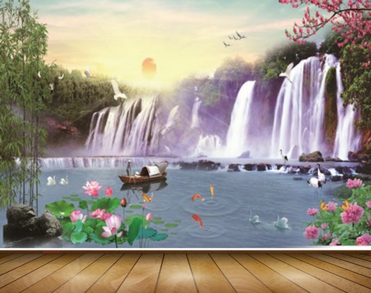 Avikalp MWZ2635 Waterfalls Sun Pink Flowers Boat Fishes Plants Stones Trees River Pond Water Ducks HD Wallpaper