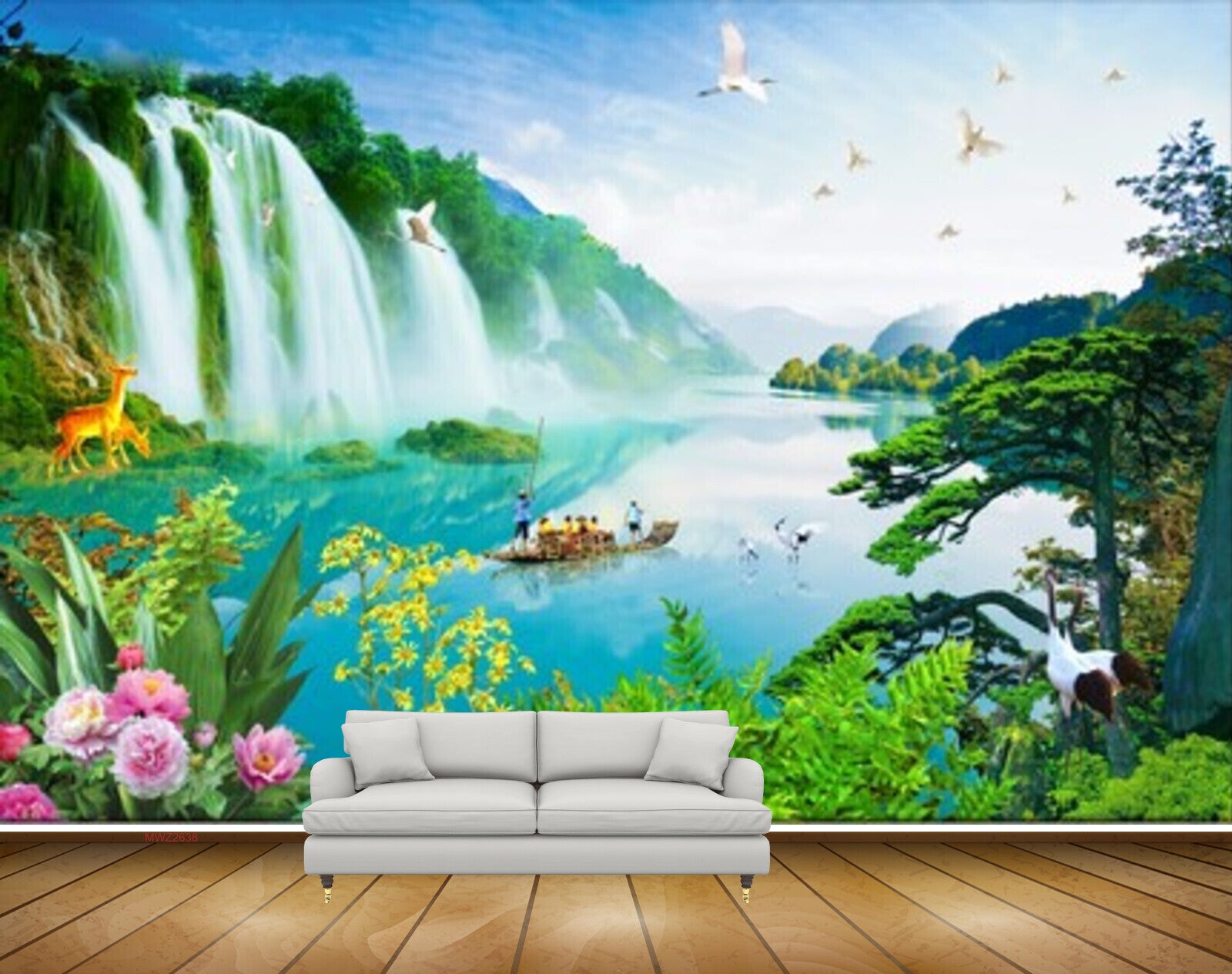 Avikalp MWZ2638 Waterfalls Trees Flowers Boat Birds Cranes Plants Mountains Clouds River Pond Water Deers HD Wallpaper