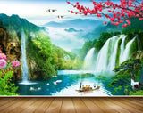 Avikalp MWZ2639 Waterfalls Trees Lake Boat Pink Flowers Birds Duck River Pond Water Mountains HD Wallpaper