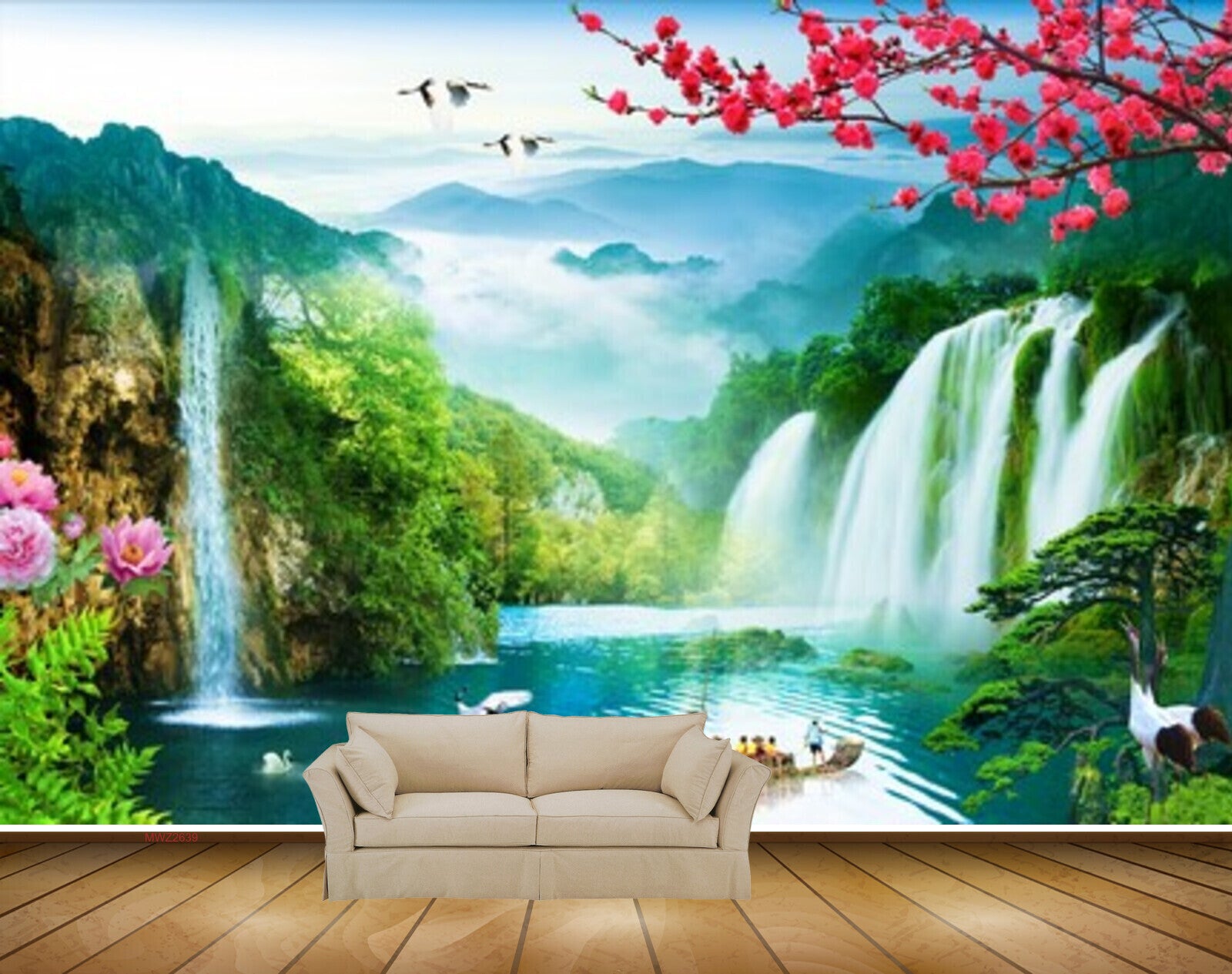 Avikalp MWZ2639 Waterfalls Trees Lake Boat Pink Flowers Birds Duck River Pond Water Mountains HD Wallpaper