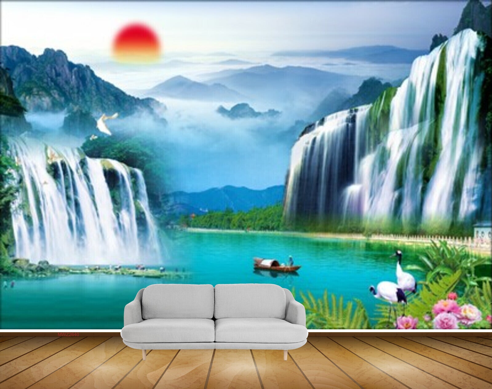 Avikalp MWZ2640 Sun Waterfalls Birds Lake Boat Cranes Pink Flowers Plants River Pond Water Mountains HD Wallpaper