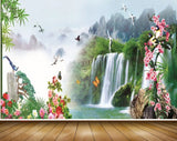 Avikalp MWZ2650 Waterfalls Pink Red Flowers Trees Birds River Lake Stones Water Plants HD Wallpaper