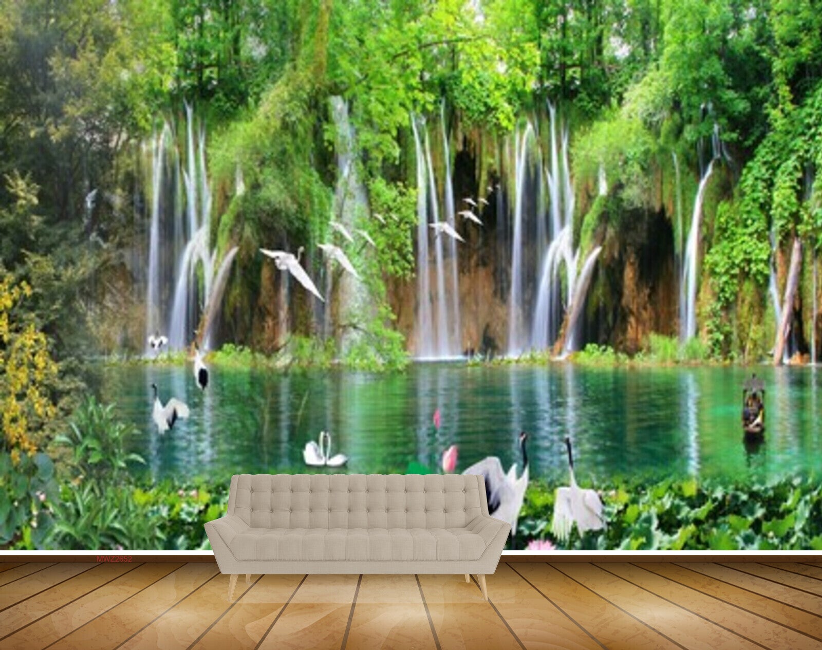 Avikalp MWZ2652 Waterfalls Trees Cranes River Water Flowers Birds Plants Ducks HD Wallpaper