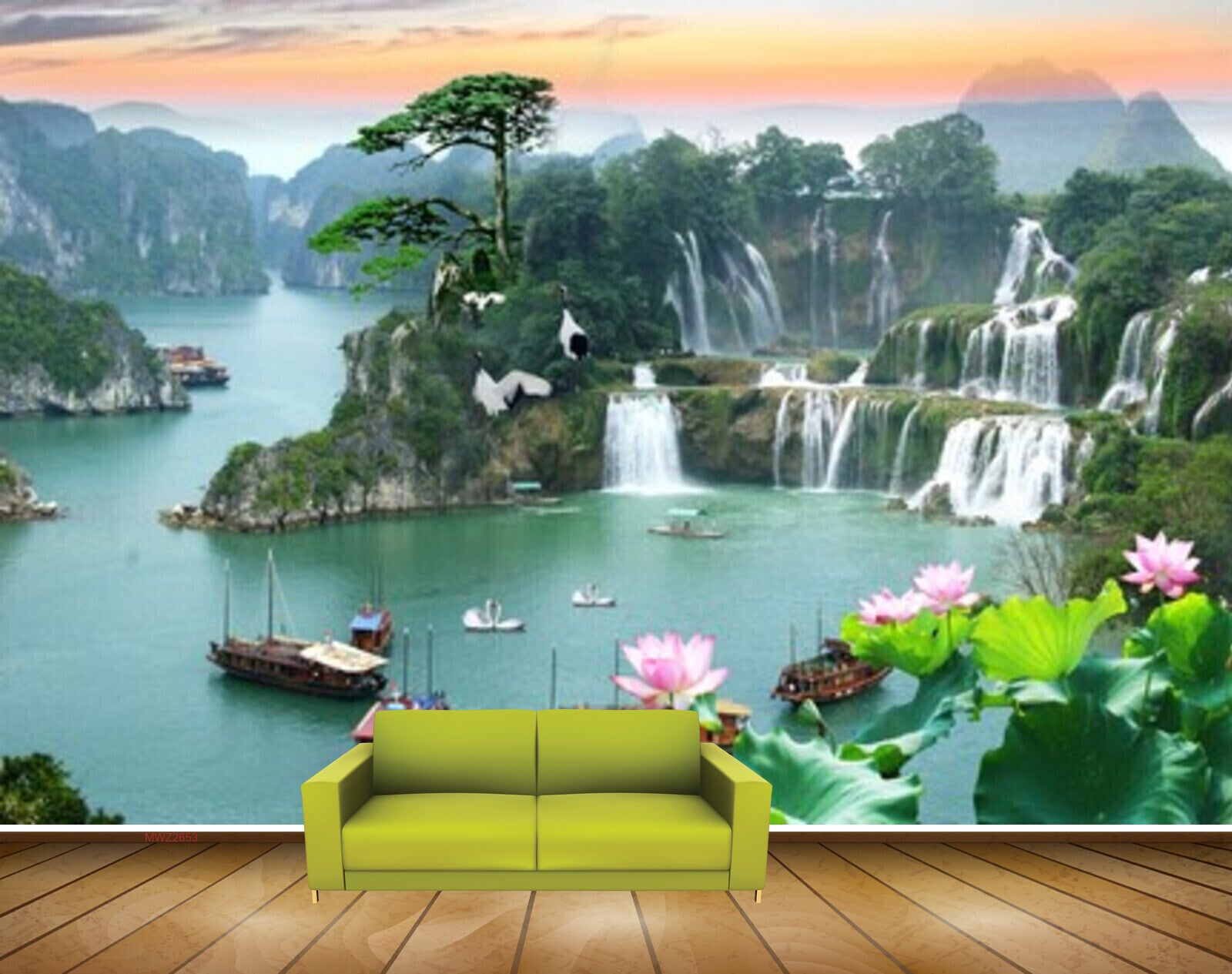 Avikalp MWZ2653 Waterfalls Trees Boats Lotus Flowers Mountains Plants River Water Ducks HD Wallpaper