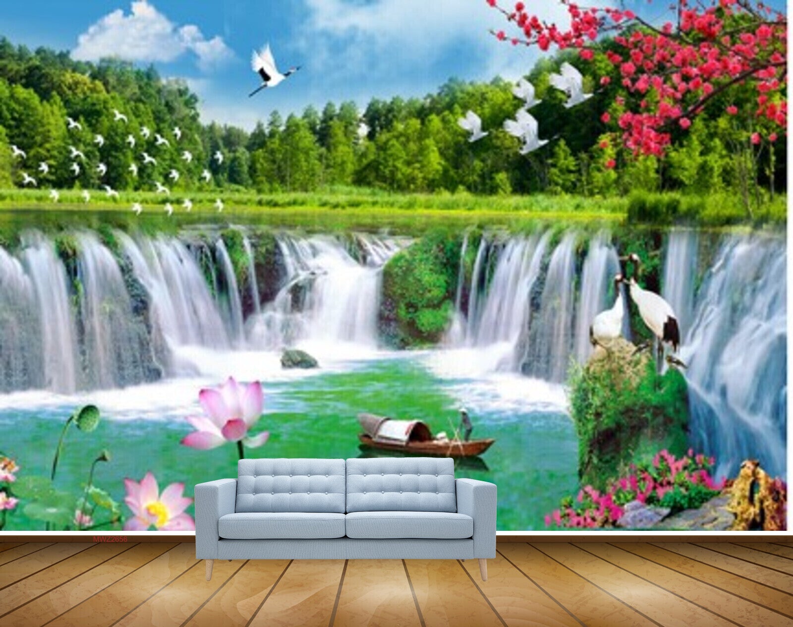 Avikalp MWZ2656 Waterfalls Pink Lotus Flowers River Lake Water Boat Trees Birds Cranes  HD Wallpaper