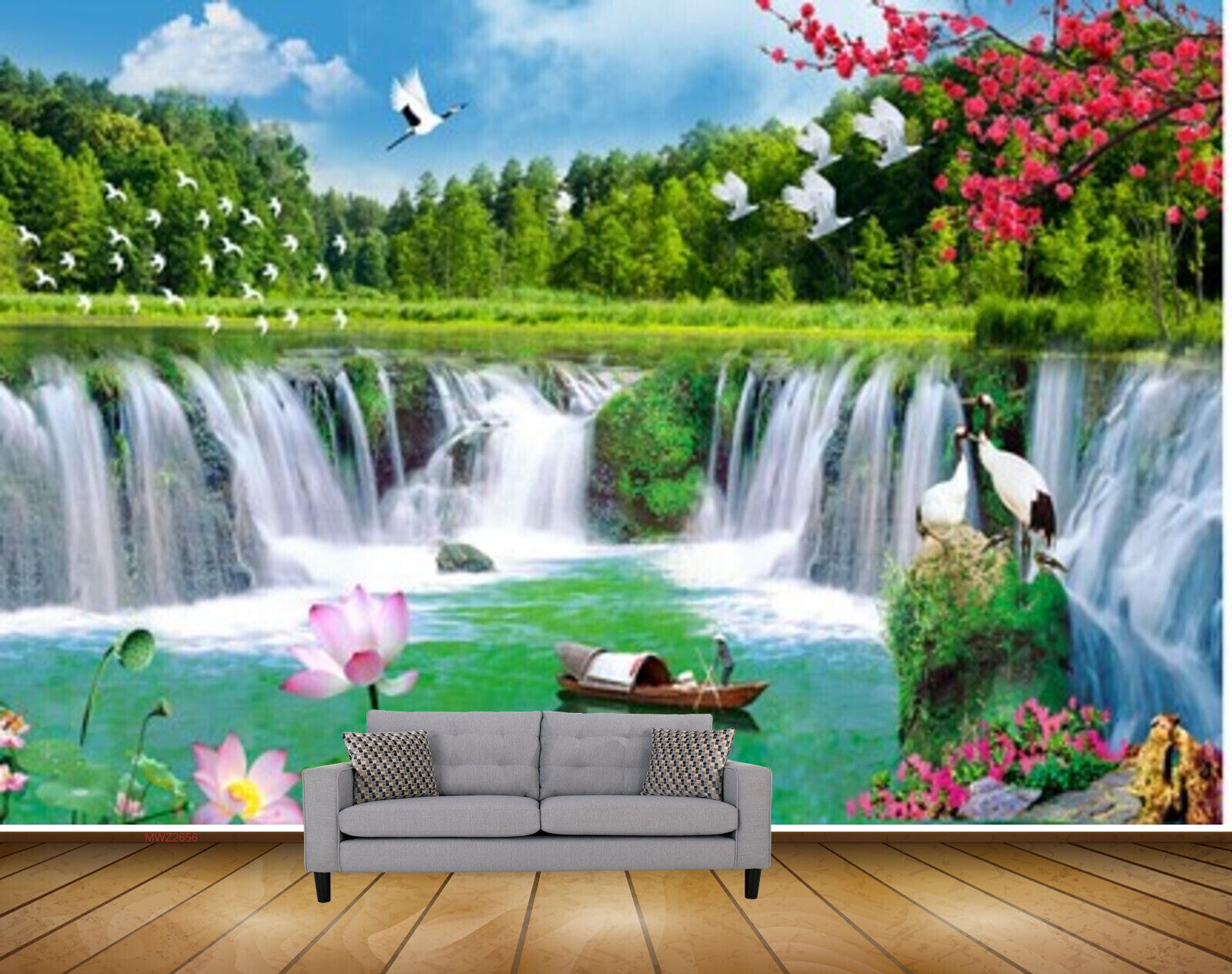 Avikalp MWZ2656 Waterfalls Pink Lotus Flowers River Lake Water Boat Trees Birds Cranes  HD Wallpaper