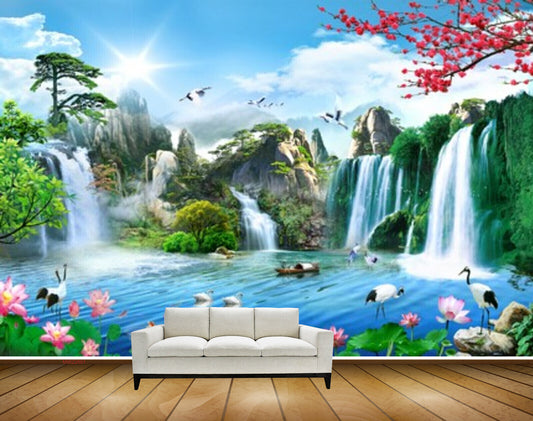 Avikalp MWZ2661 Sun Clouds Mountains Waterfalls Trees Cranes Lotus Flowers River Lake Water Fishes Ducks Plants HD Wallpaper